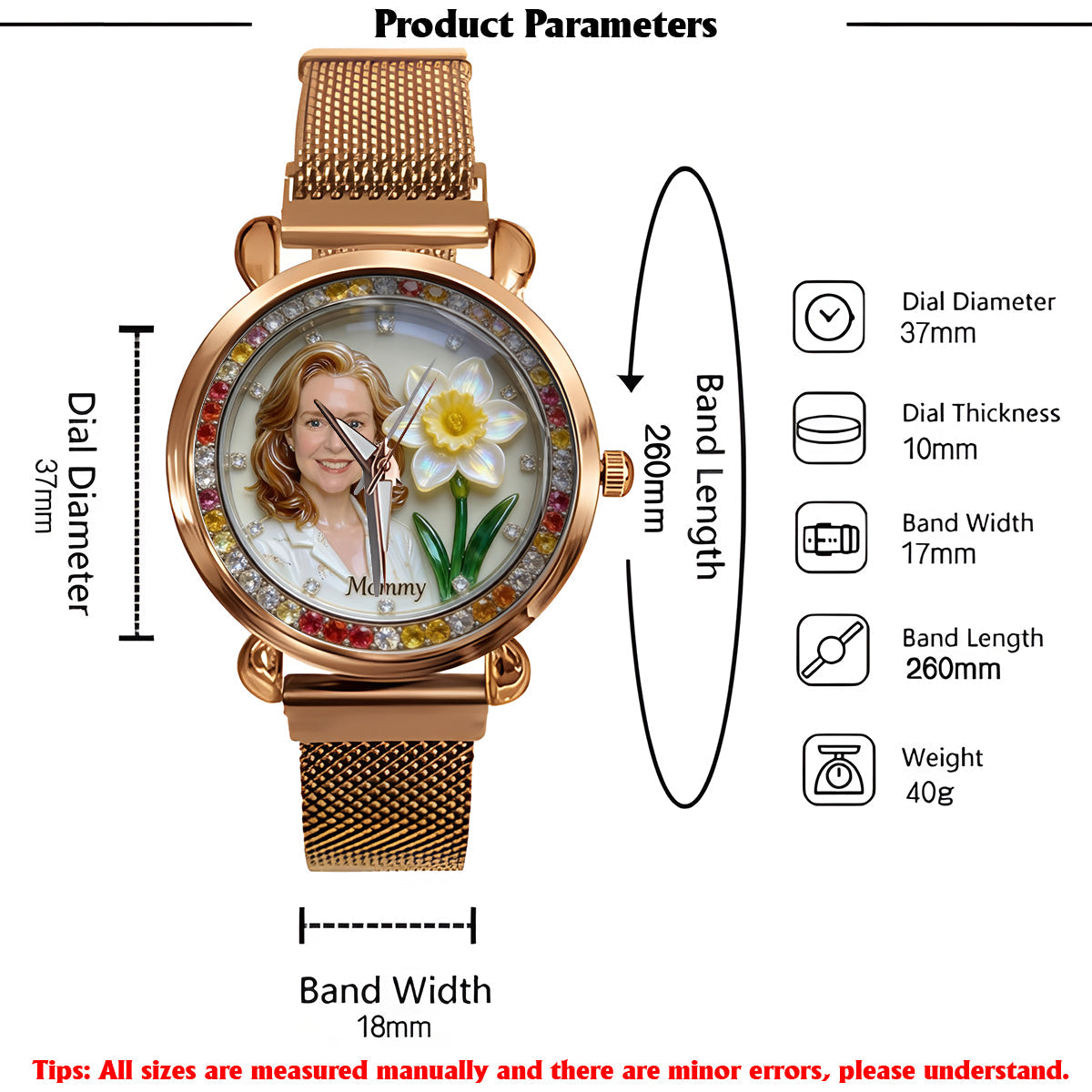 Montre-bracelet personnalisée pour femme - Photo et fleur du mois de naissance - Montre-bracelet personnalisée « Amour de soi » 