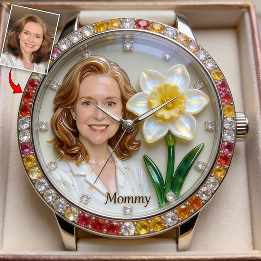 Personalisierbare Armbanduhr mit Foto und Geburtsblume – Selbstliebe-Uhr für Frauen 