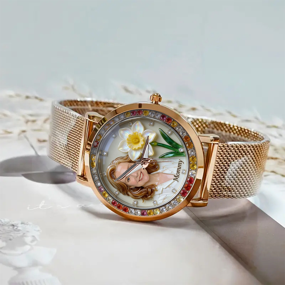 Montre-bracelet personnalisée pour femme - Photo et fleur du mois de naissance - Montre-bracelet personnalisée « Amour de soi » 
