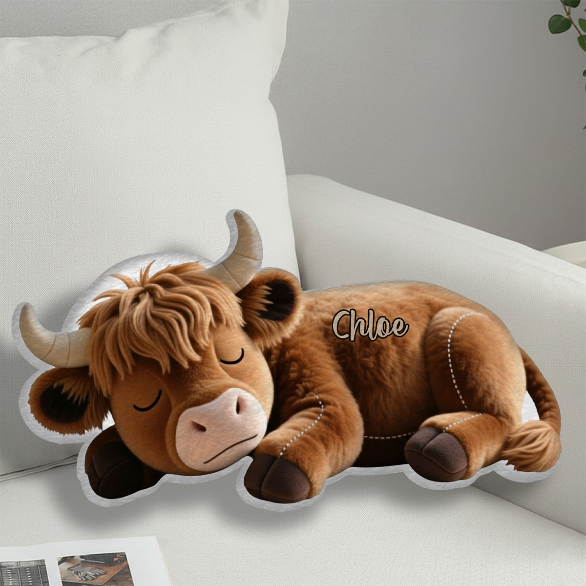 Sleeping Highland Cow - Personalized Highland Cow Faux Fur Shaped Pillow