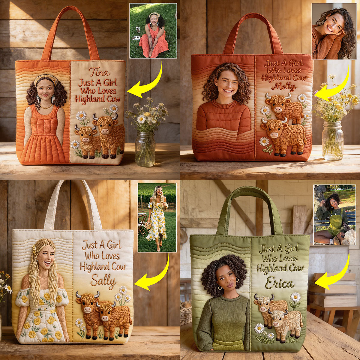 Custom Any Photo Highland Cow Lovers - Personalized Highland Cow Quilted Tote Bag