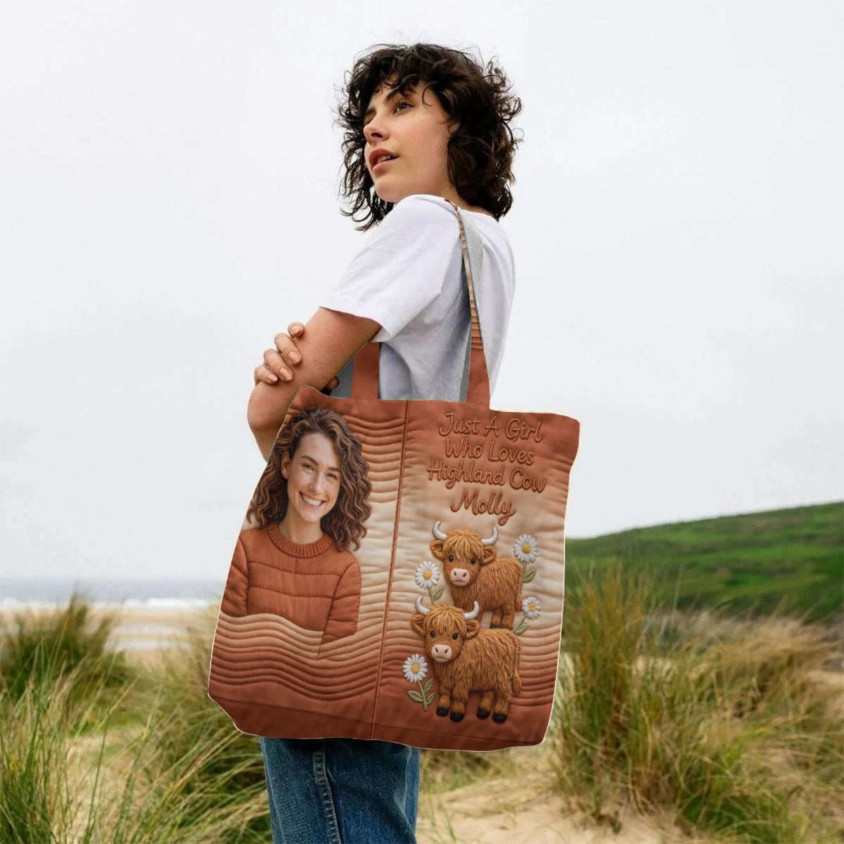 Custom Any Photo Highland Cow Lovers - Personalized Highland Cow Quilted Tote Bag