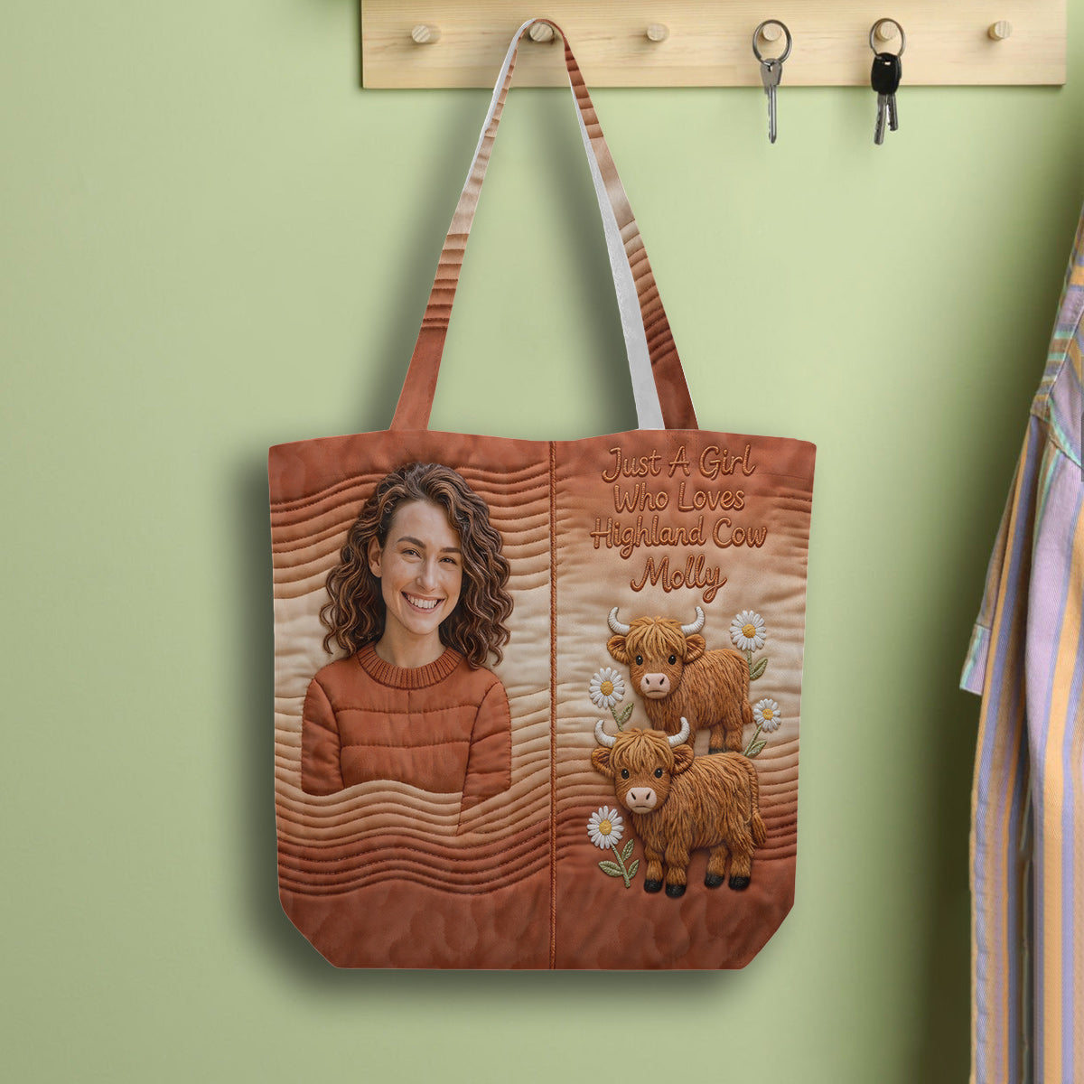 Custom Any Photo Highland Cow Lovers - Personalized Highland Cow Quilted Tote Bag