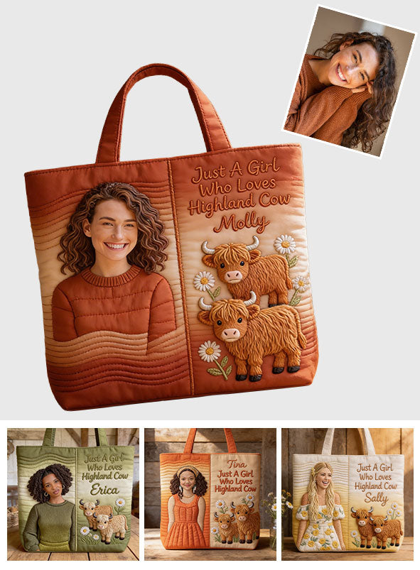 Custom Any Photo Highland Cow Lovers - Personalized Highland Cow Quilted Tote Bag
