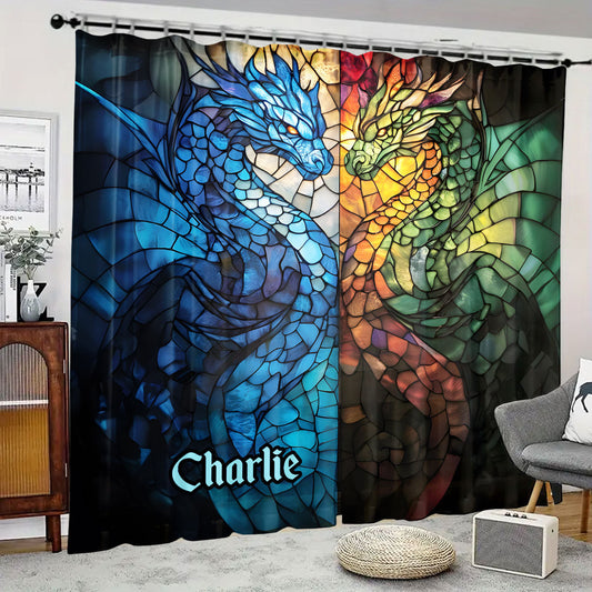 Drachenkampf – Personalisierter, blickdichter Drachen-Fenstervorhang/Gardinen-Set