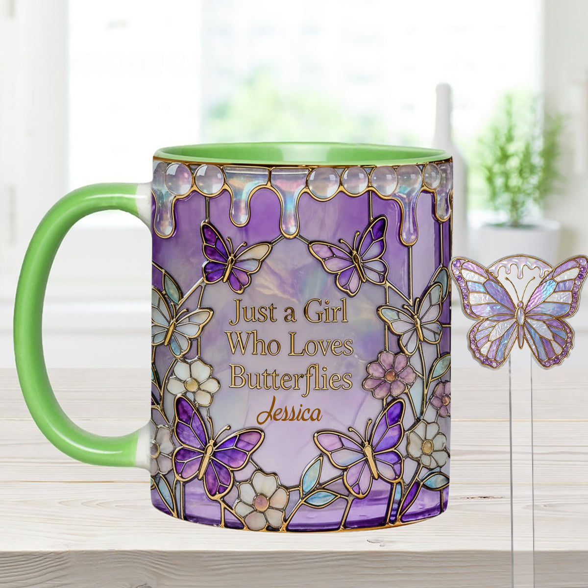 Just A Girl Who Loves Butterflies - Personalized Butterfly Set Accent Mug with Acrylic Stirrers