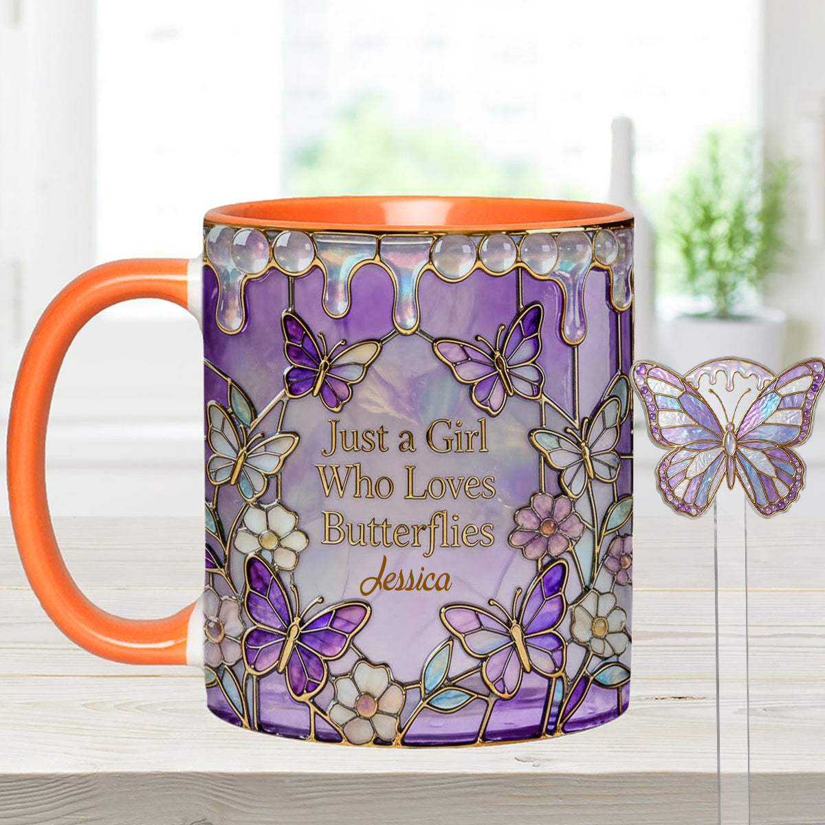 Just A Girl Who Loves Butterflies - Personalized Butterfly Set Accent Mug with Acrylic Stirrers