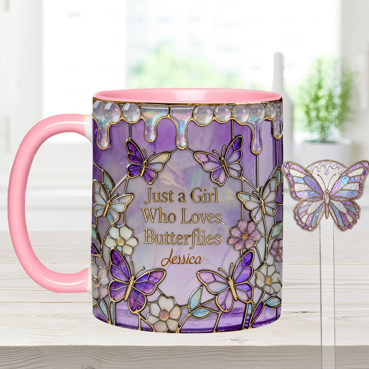 Just A Girl Who Loves Butterflies - Personalized Butterfly Set Accent Mug with Acrylic Stirrers