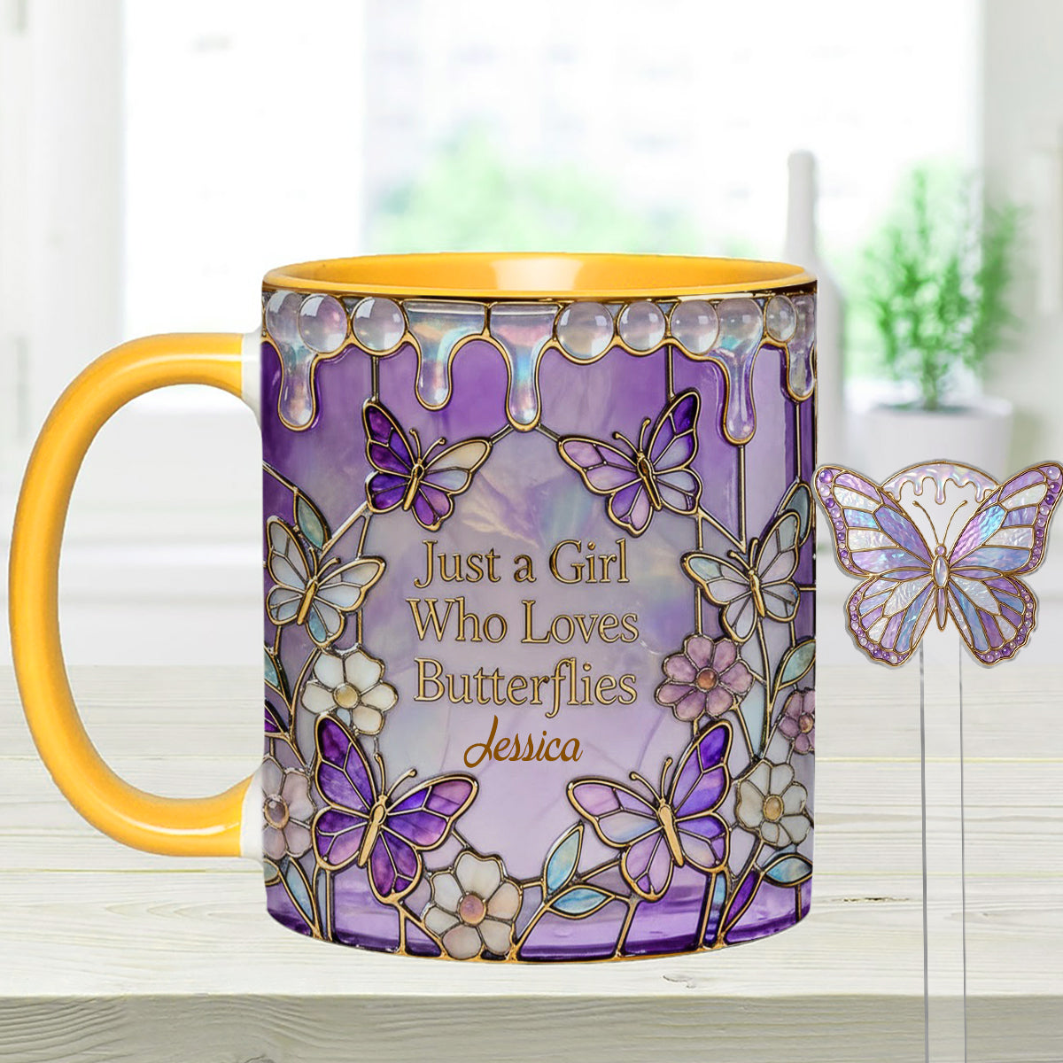 Just A Girl Who Loves Butterflies - Personalized Butterfly Set Accent Mug with Acrylic Stirrers