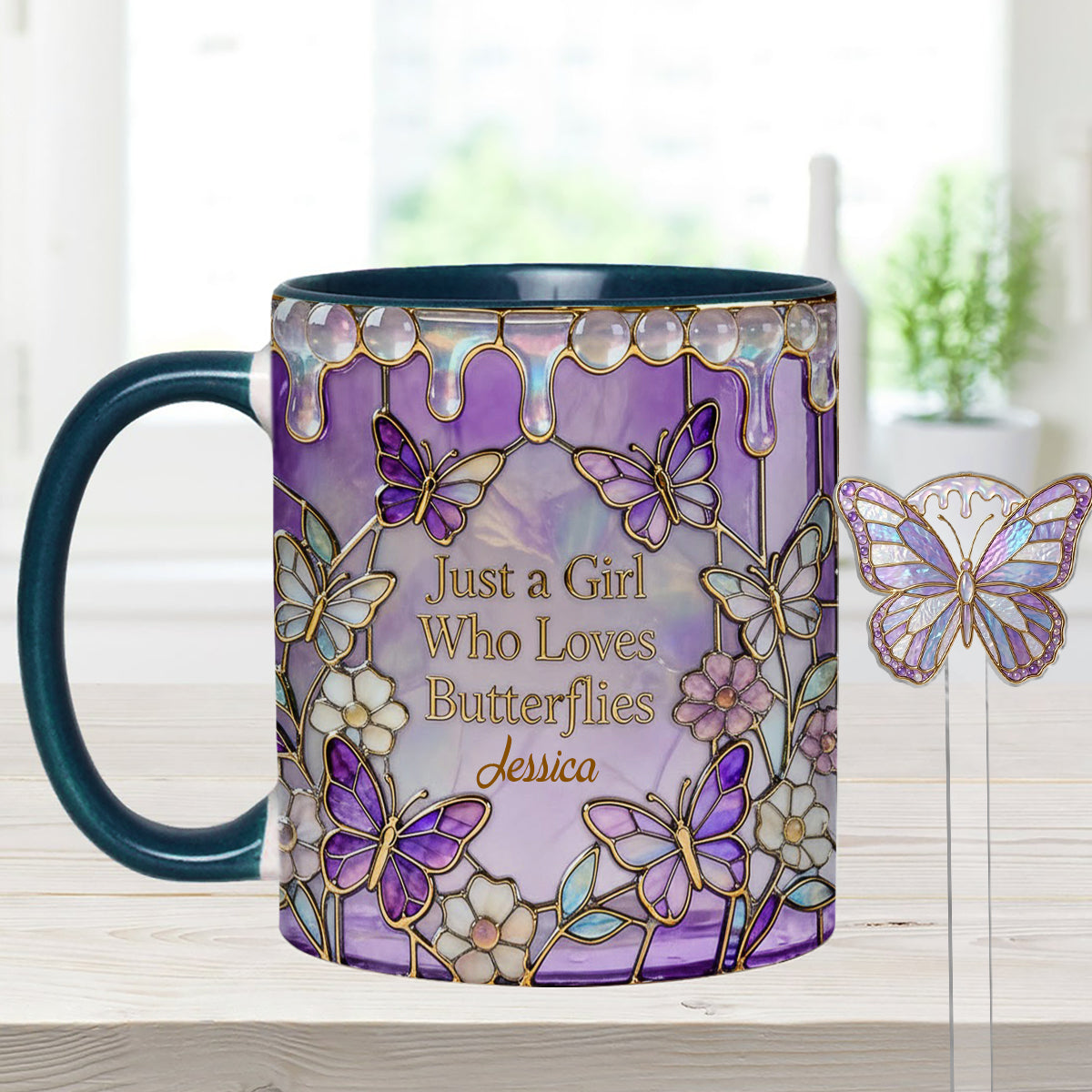 Just A Girl Who Loves Butterflies - Personalized Butterfly Set Accent Mug with Acrylic Stirrers