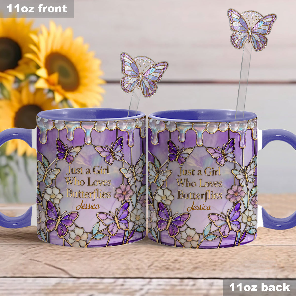 Just A Girl Who Loves Butterflies - Personalized Butterfly Set Accent Mug with Acrylic Stirrers