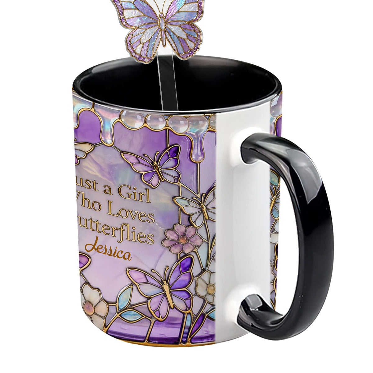 Just A Girl Who Loves Butterflies - Personalized Butterfly Set Accent Mug with Acrylic Stirrers