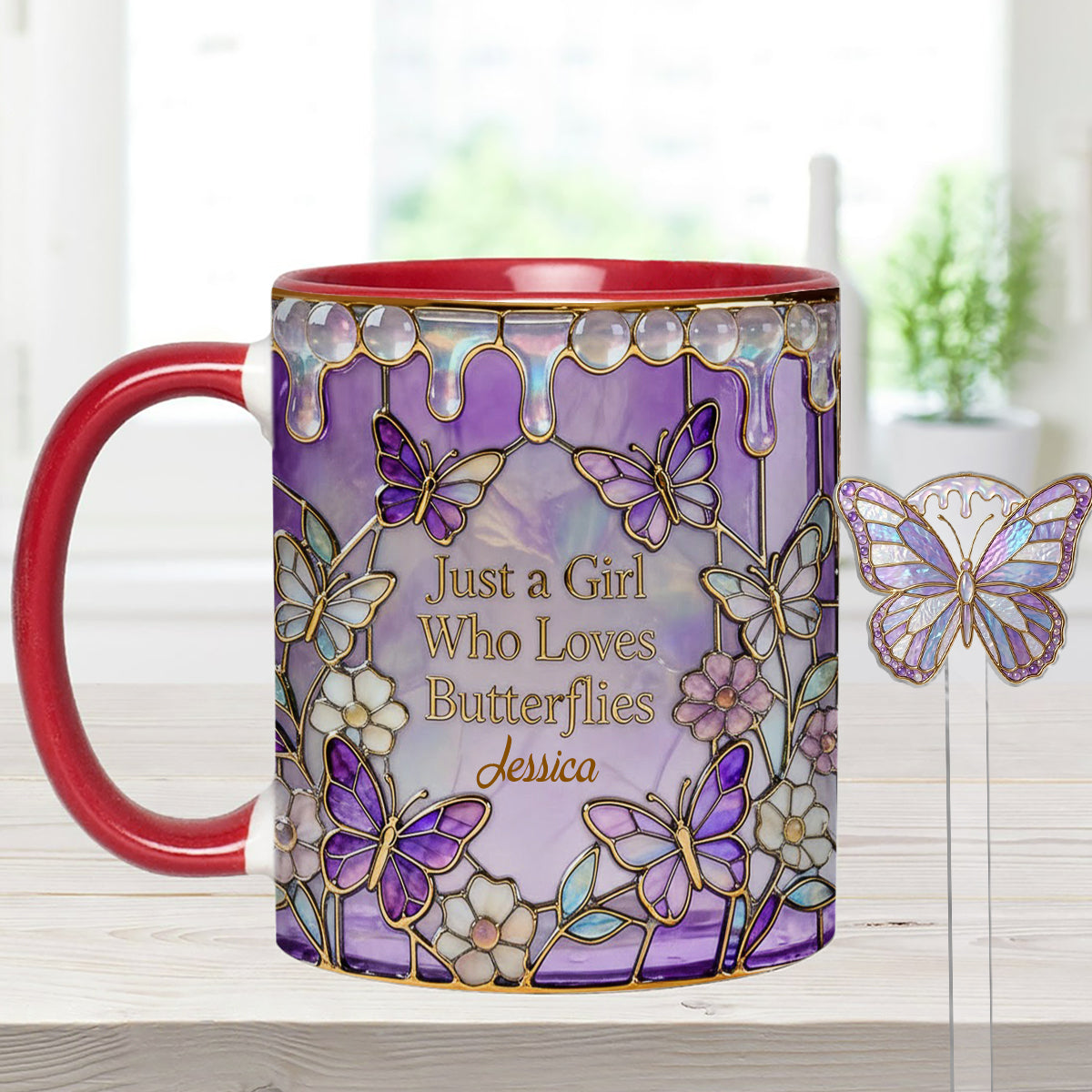 Just A Girl Who Loves Butterflies - Personalized Butterfly Set Accent Mug with Acrylic Stirrers