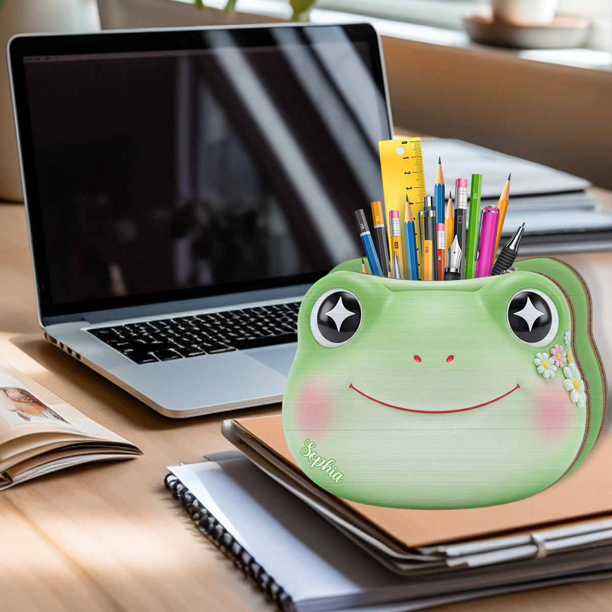 Cute Frog - Personalized Frog Wooden Pen Holder