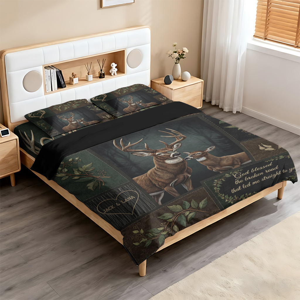 God Blessed The Broken Road – Gift For Couple - Personalized Hunting Bedding Set