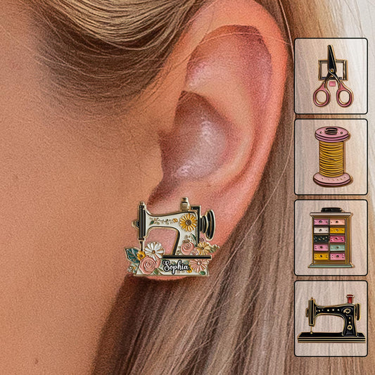Cadeau floral vintage pour les passionnées de couture - Boucles d'oreilles puces personnalisées sur le thème de la couture
