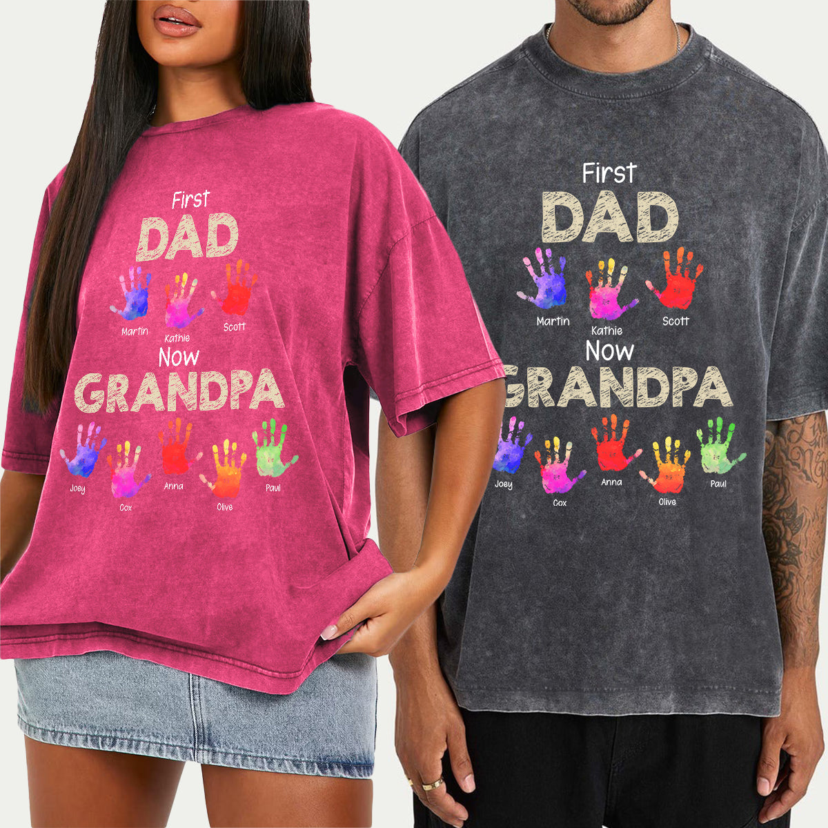 First Dad Now Grandpa Handprints - Personalized Grandpa Wash T-Shirt