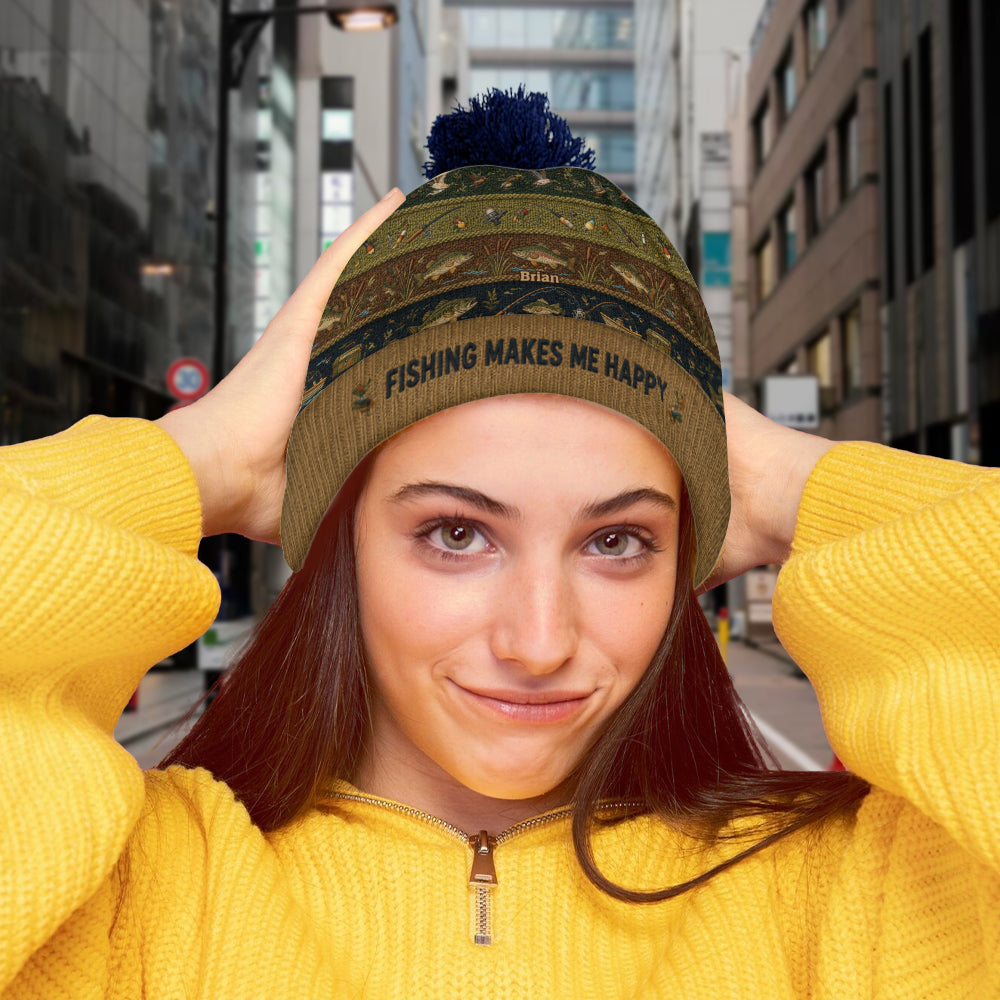 Fishing Makes Me Happy - Personalized Fishing Beanie Hat