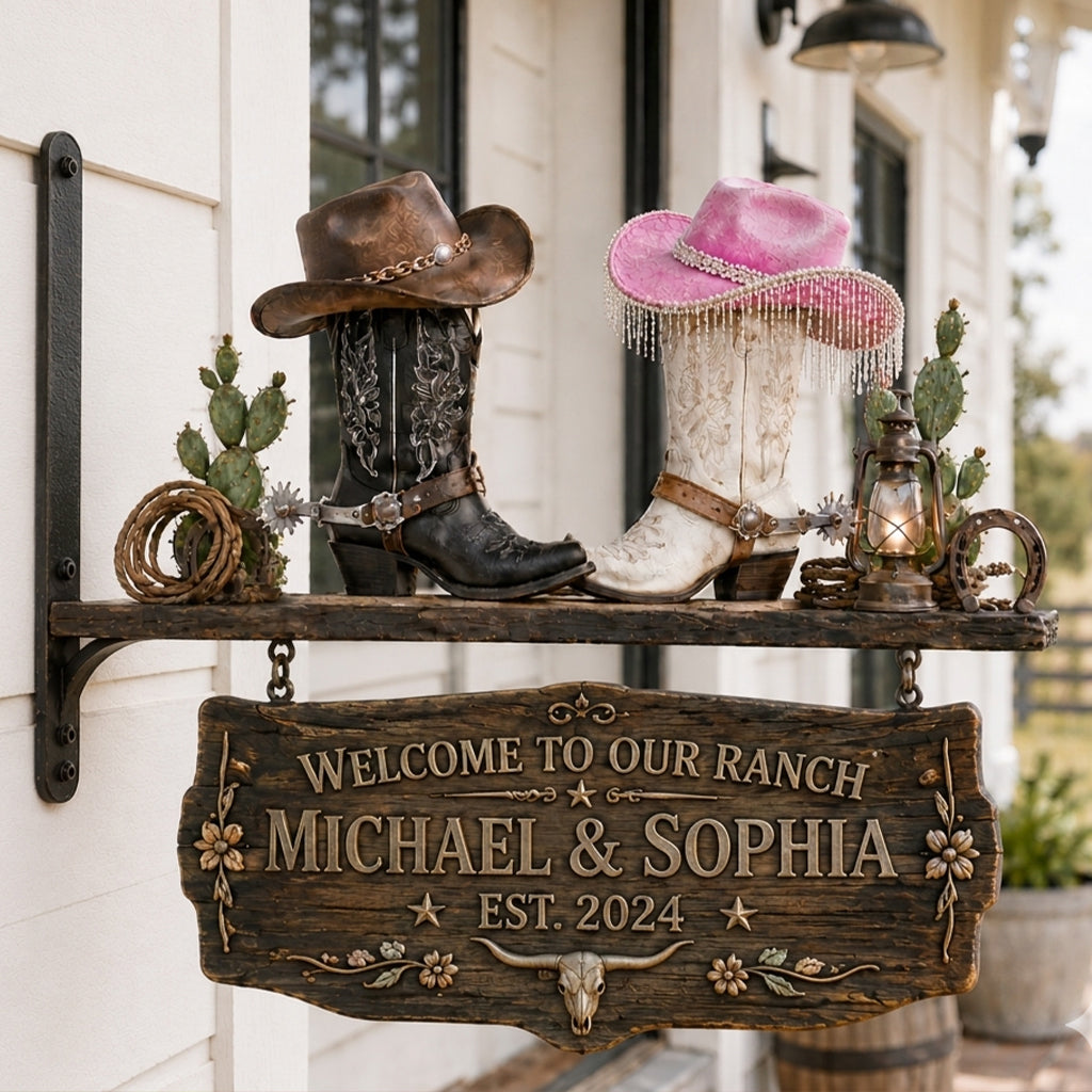 Couple Cowboy Cowgirl - Panneau en Bois Personnalisé pour Mur