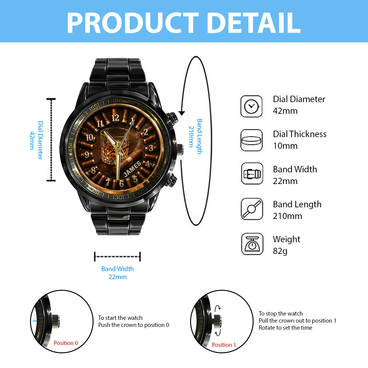 Whiskey und Zigarre, Geschenk für Männer - Personalisierte Whisky Armbanduhr