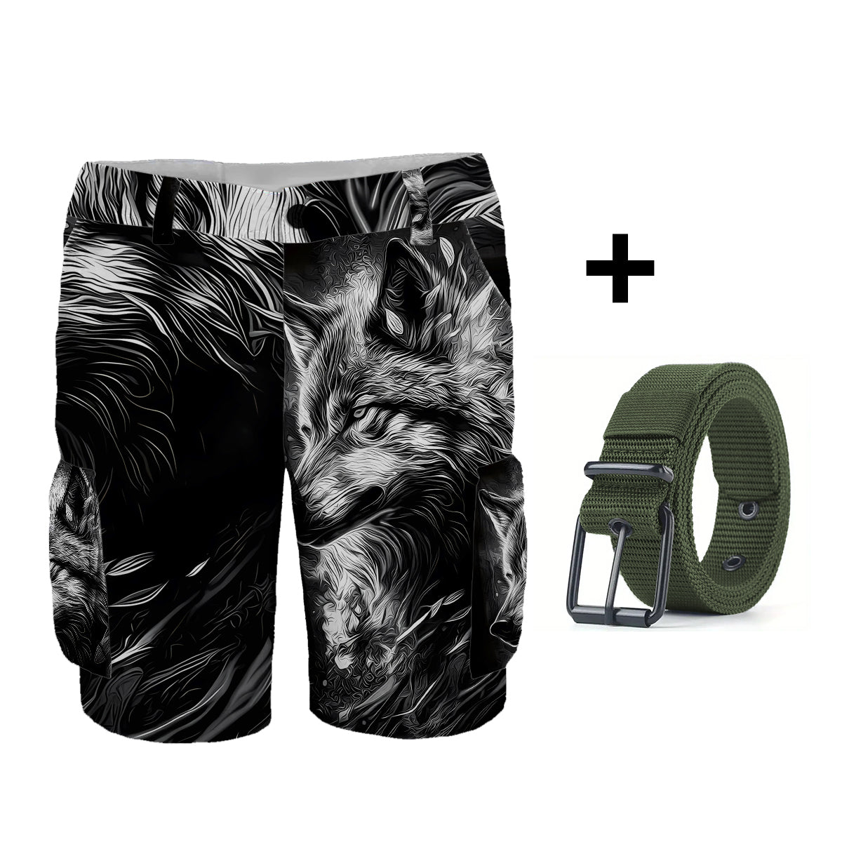 Strong Wolf – Personalisierte Wolf-Cargoshorts mit Gürtel