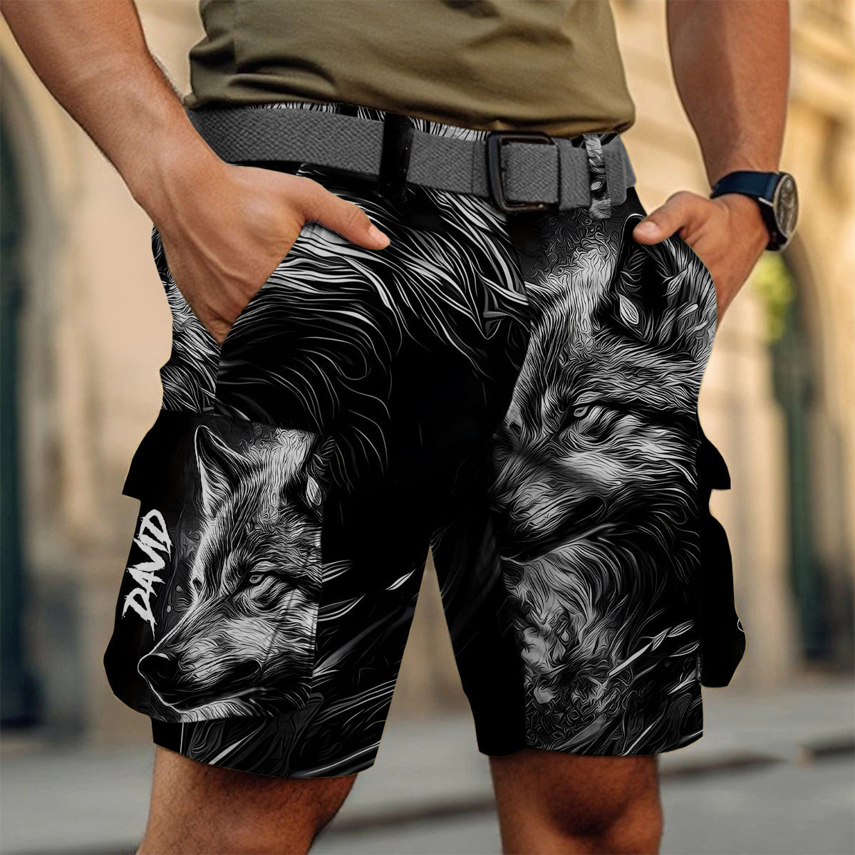 Strong Wolf – Personalisierte Wolf-Cargoshorts mit Gürtel