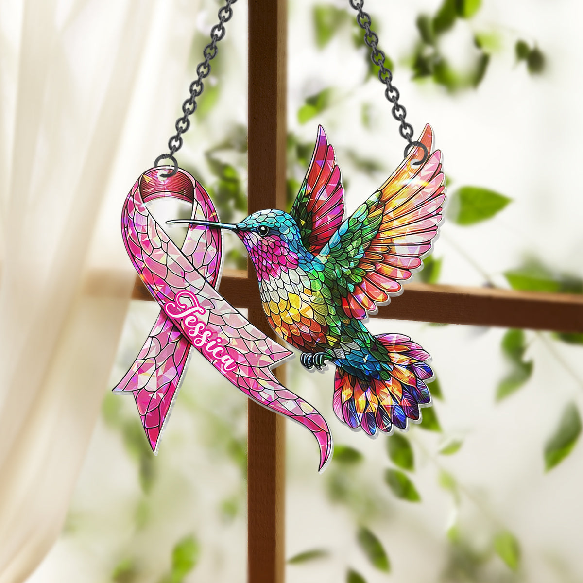 Sensibilisation au cancer du sein avec un colibri - Ornement attrape-soleil personnalisé à suspendre à la fenêtre pour la sensibilisation au cancer du sein