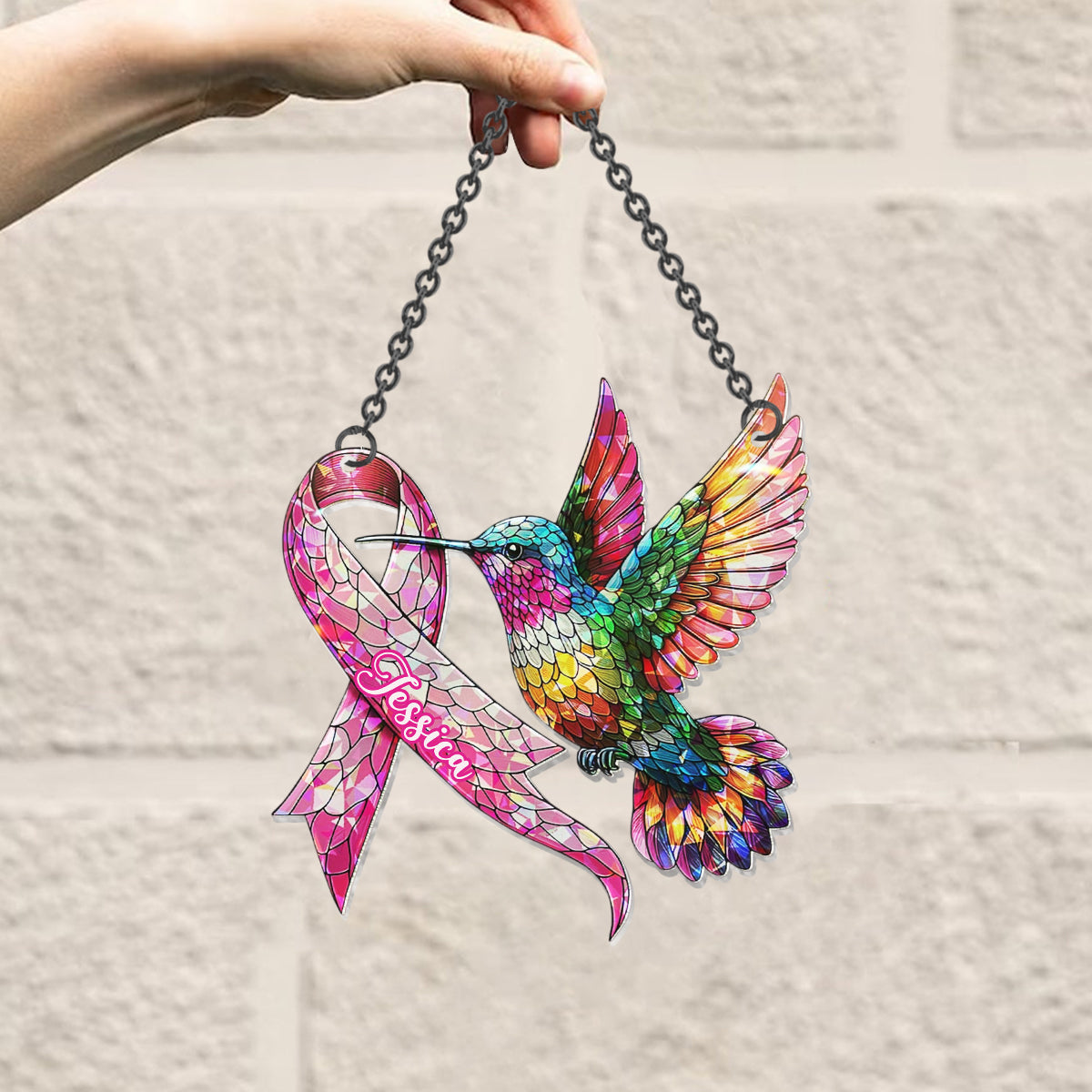 Sensibilisation au cancer du sein avec un colibri - Ornement attrape-soleil personnalisé à suspendre à la fenêtre pour la sensibilisation au cancer du sein