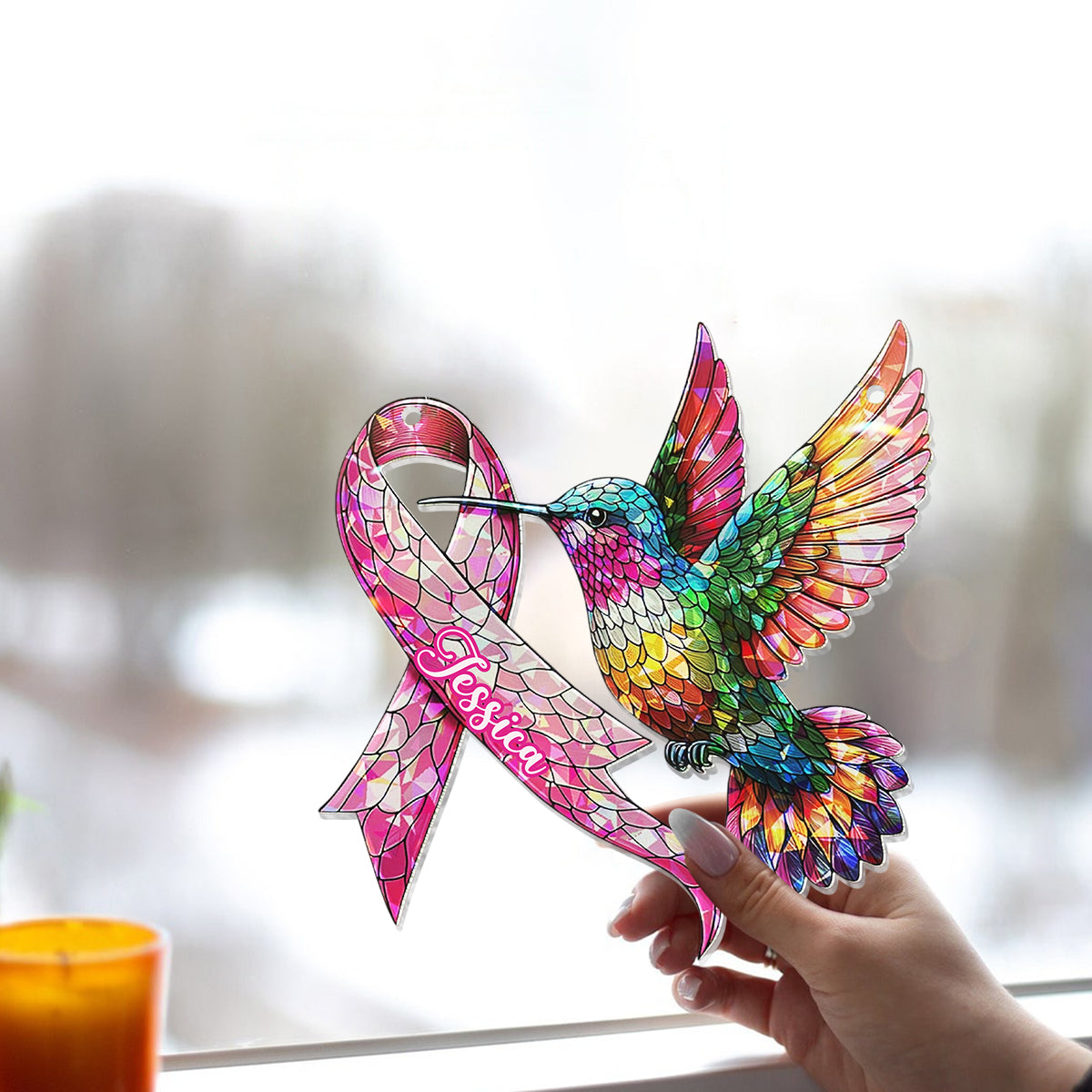 Sensibilisation au cancer du sein avec un colibri - Ornement attrape-soleil personnalisé à suspendre à la fenêtre pour la sensibilisation au cancer du sein