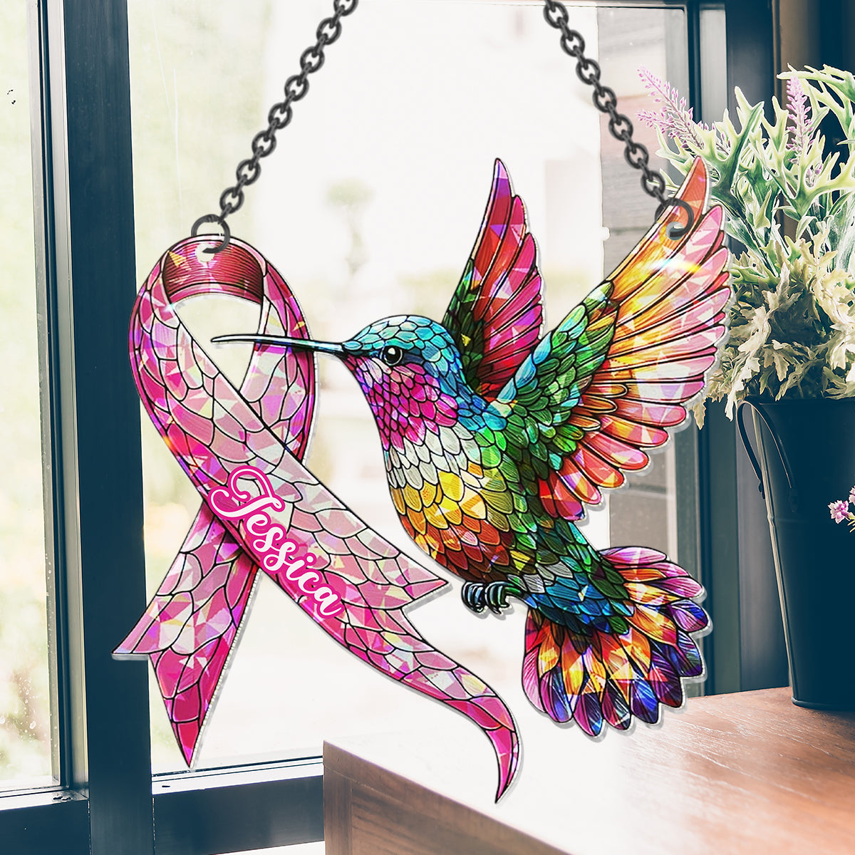 Sensibilisation au cancer du sein avec un colibri - Ornement attrape-soleil personnalisé à suspendre à la fenêtre pour la sensibilisation au cancer du sein