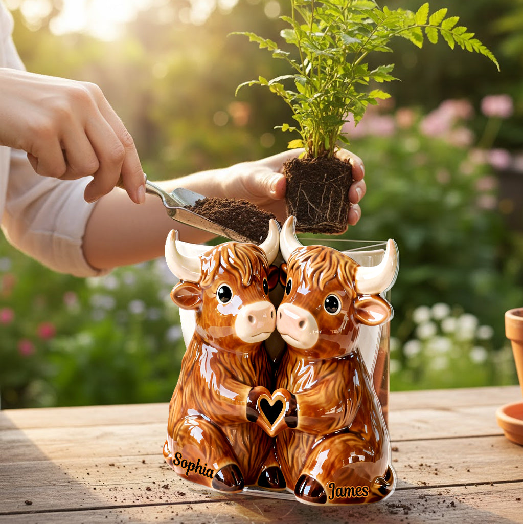 Du und ich, wir schaffen das – Personalisierter Acryl-Topf mit Hochlandrind-Motiv