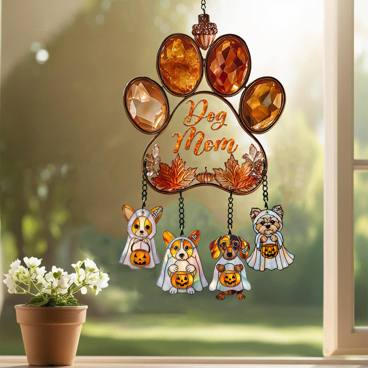 Dog Mom - Personalized Dog Window Hanging Suncatcher With Custom Charms