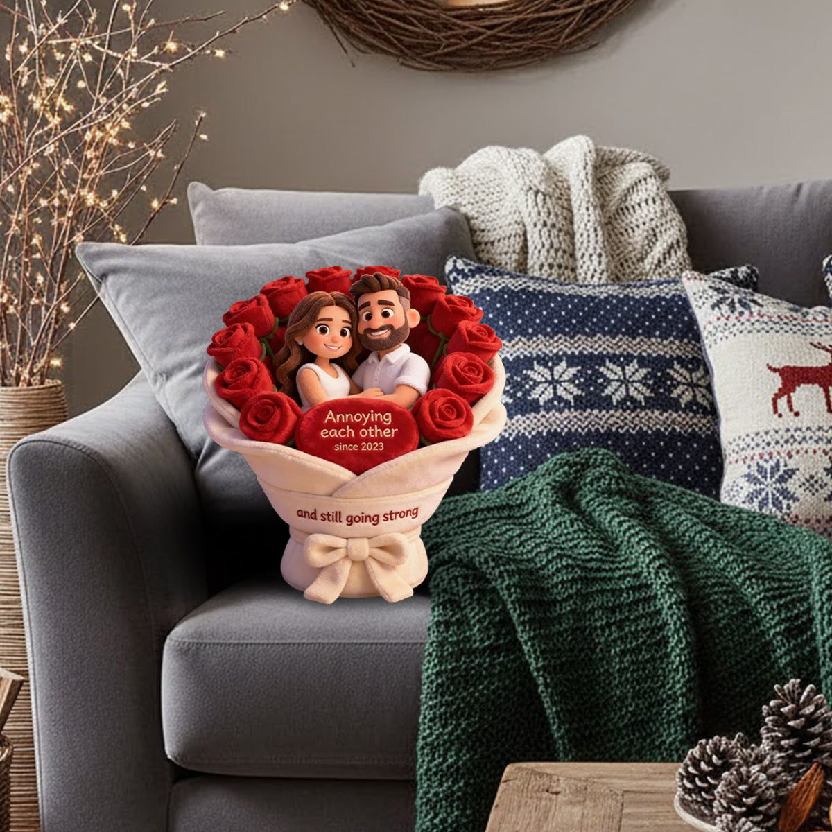 Annoying each other - Personalized Couple Faux Fur Shaped Pillow