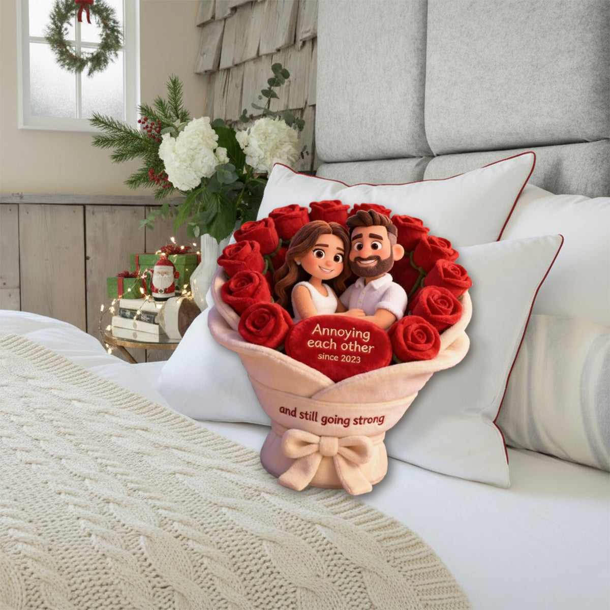 Annoying each other - Personalized Couple Faux Fur Shaped Pillow