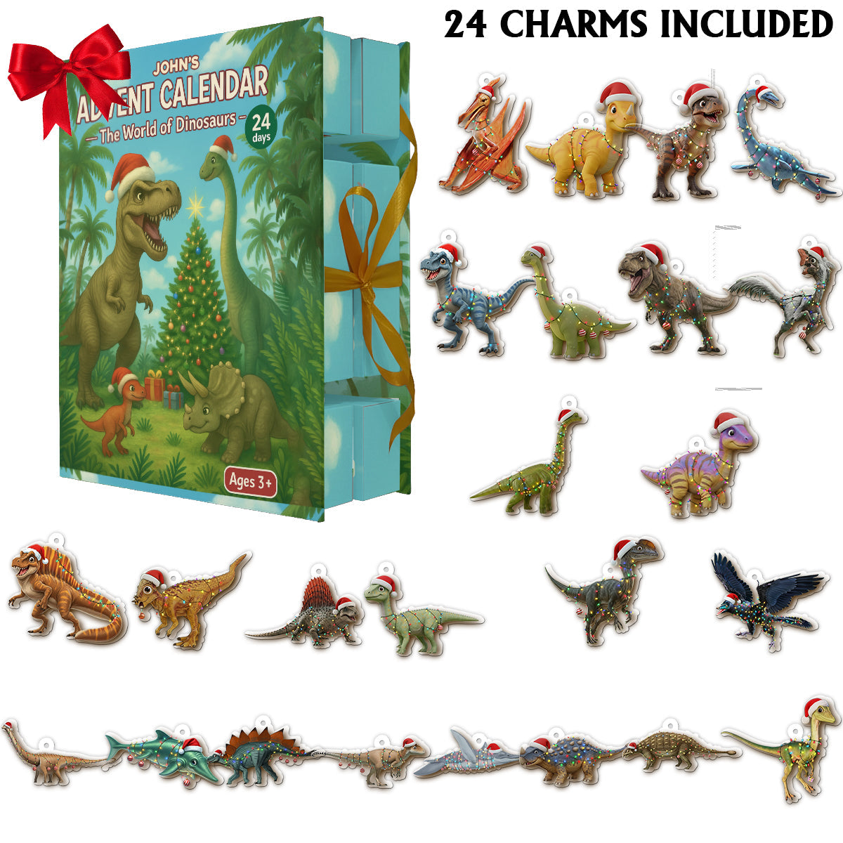 Dinosaurier-Adventskalender 2025 – Personalisierter Dinosaurier-Faltkalender mit Ornamenten