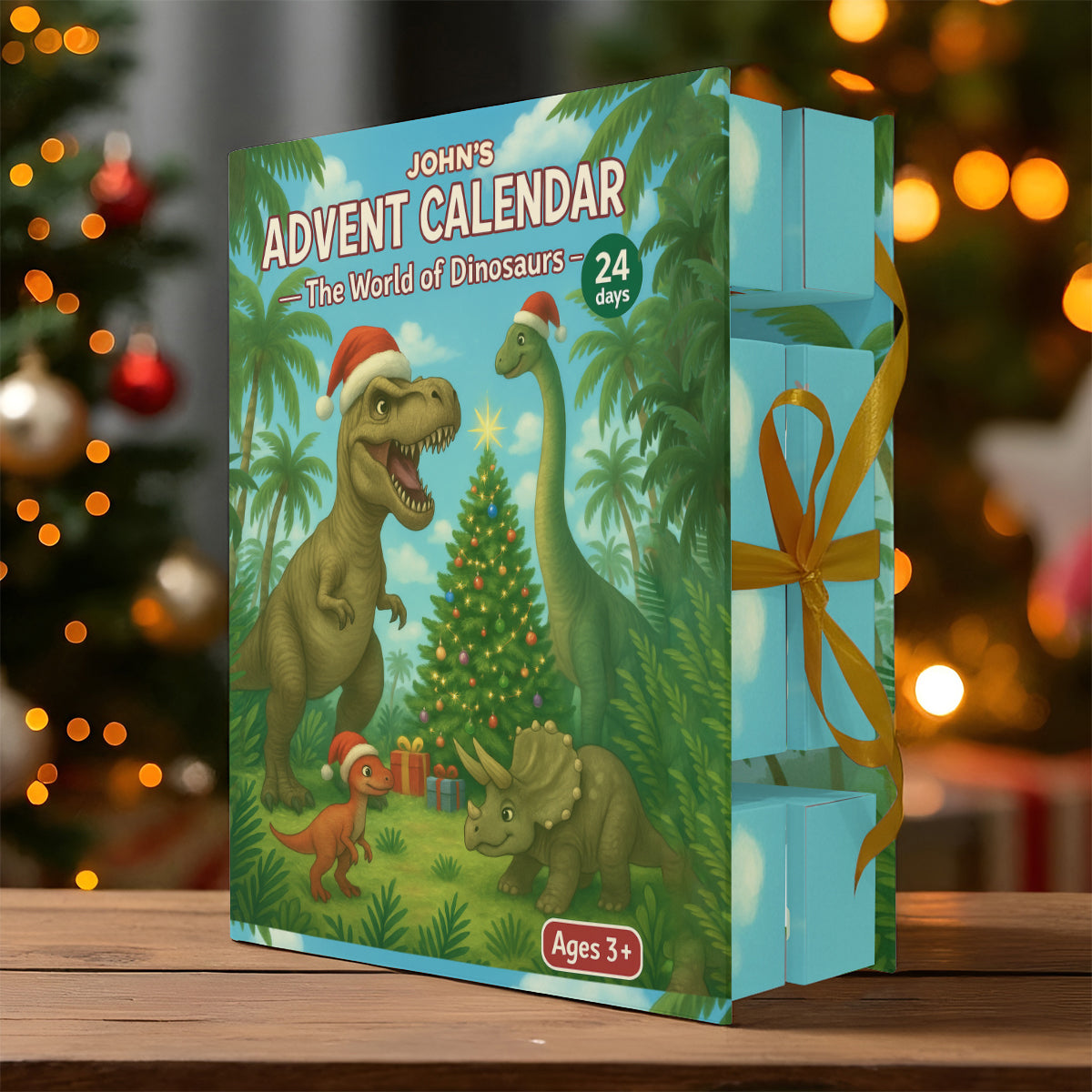 Dinosaurier-Adventskalender 2025 – Personalisierter Dinosaurier-Faltkalender mit Ornamenten