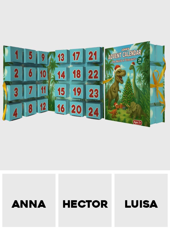 Dinosaurier-Adventskalender 2025 – Personalisierter Dinosaurier-Faltkalender mit Ornamenten