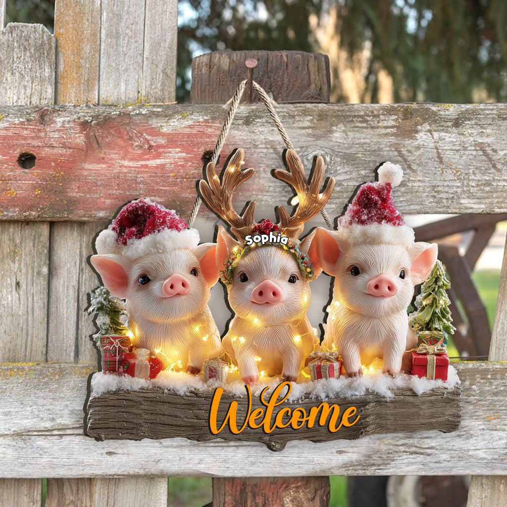 Piglets Christmas - Personalized Pig Lover Custom Shaped Wood Sign