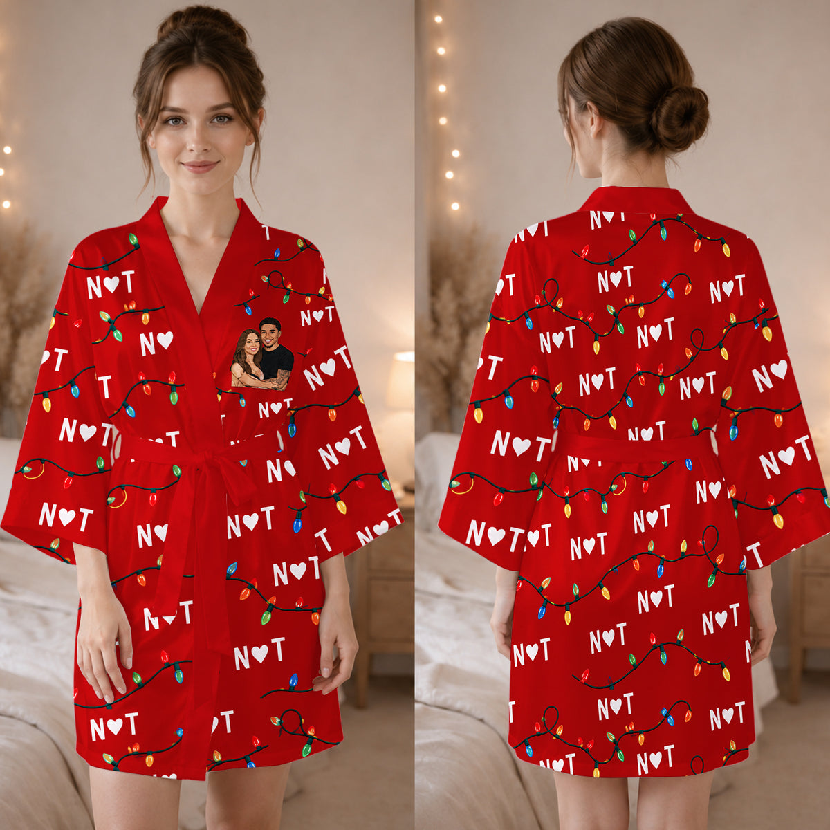 You, Me & Christmas Lights - Personalized Couple Satin Robe