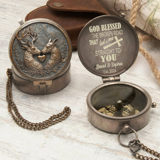 God Blessed The Broken Road - Personalized Couple Compass