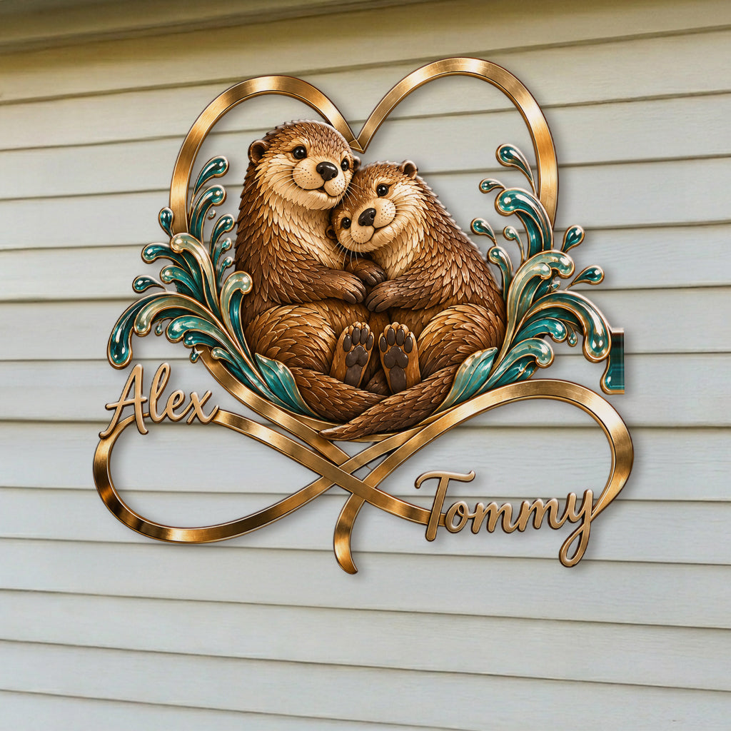 Cute Otter Couple Bedroom Decor - Personalized Otter 3D Printed Cut Metal Sign