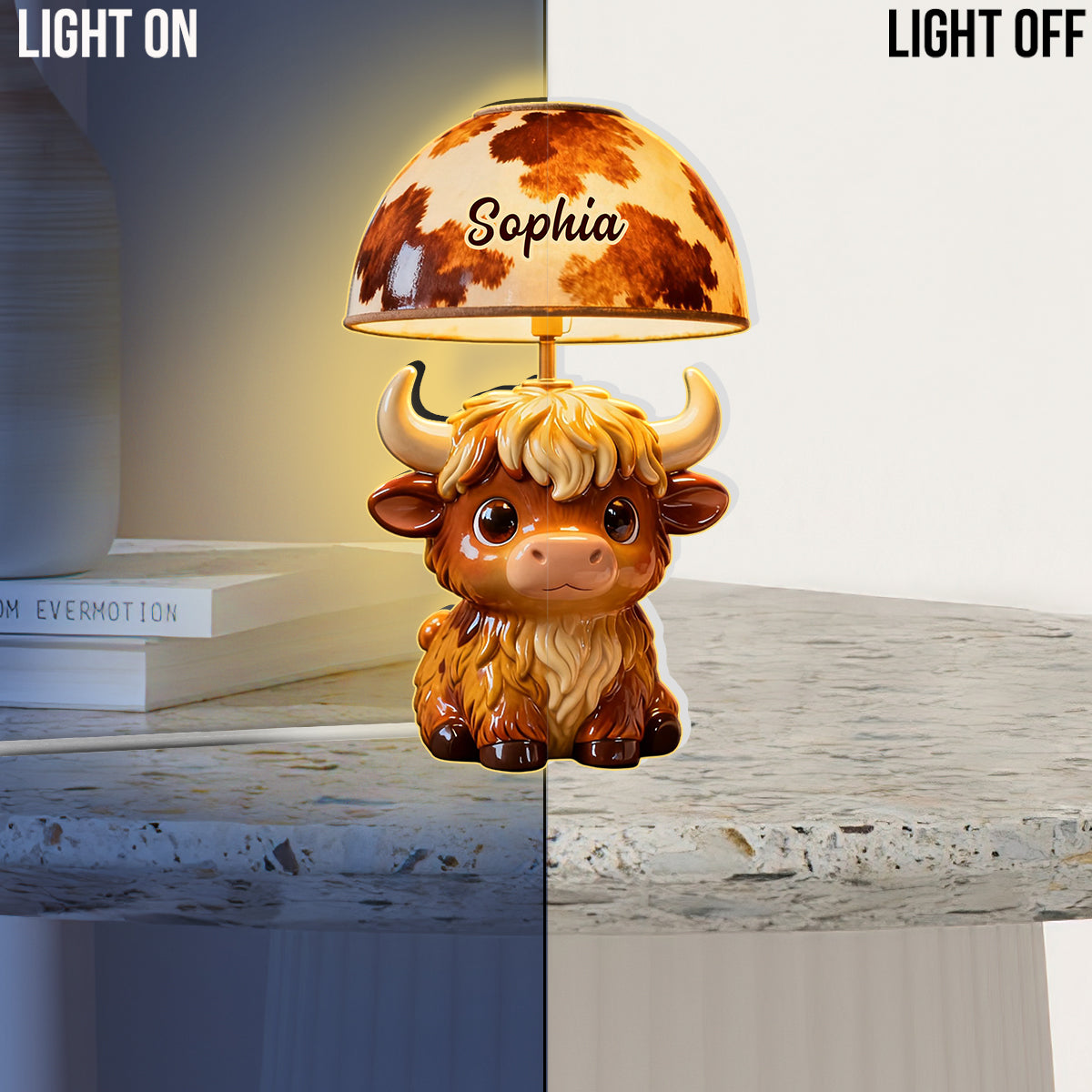 Veilleuse LED personnalisée en acrylique représentant une vache des Highlands - Adorables vaches des Highlands