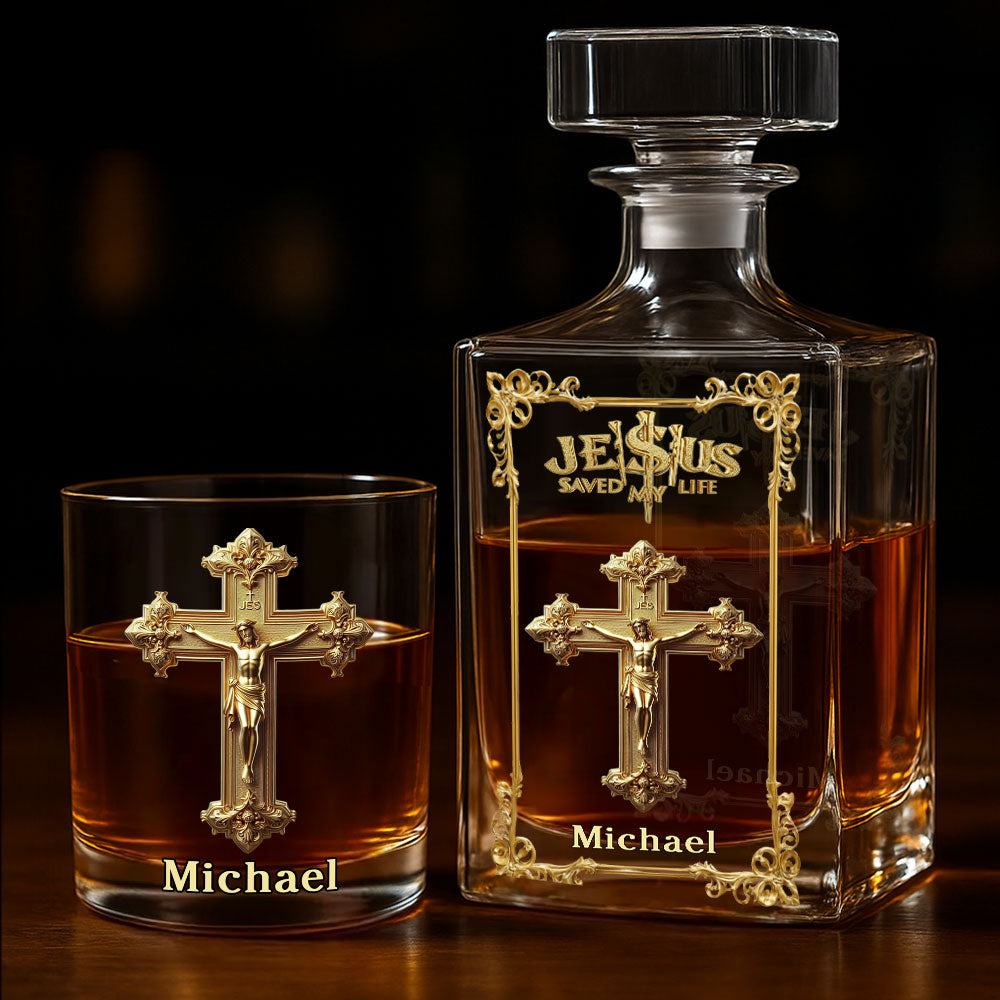 Jesus Saved My Life - Personalized Christian Whiskey Decanter Set