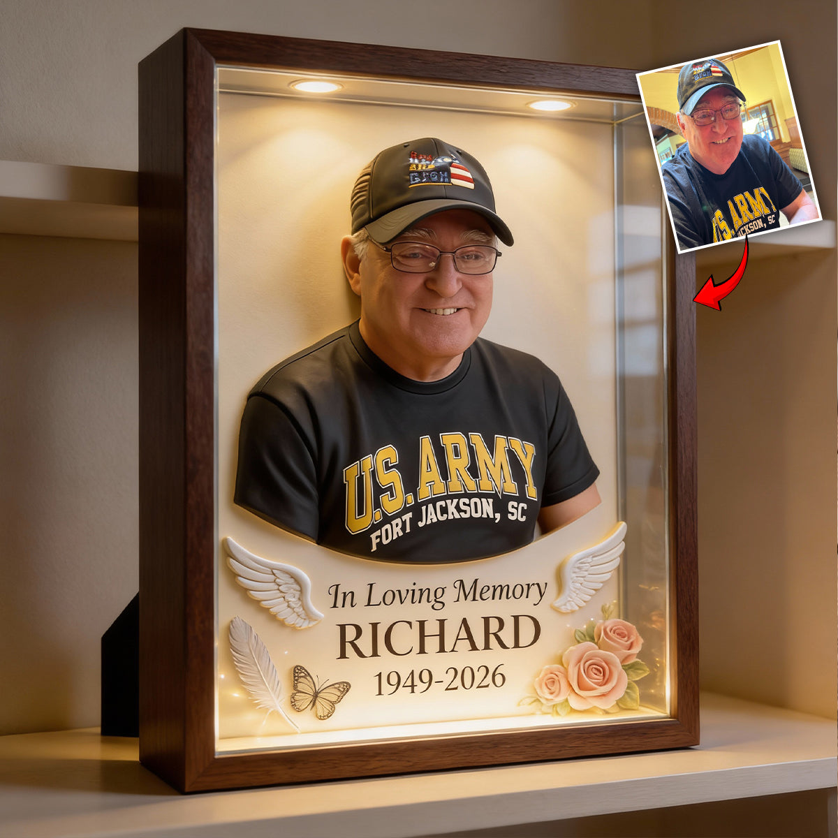 In liebevoller Erinnerung – Personalisierter Gedenkrahmen aus Holz mit LED-Beleuchtung