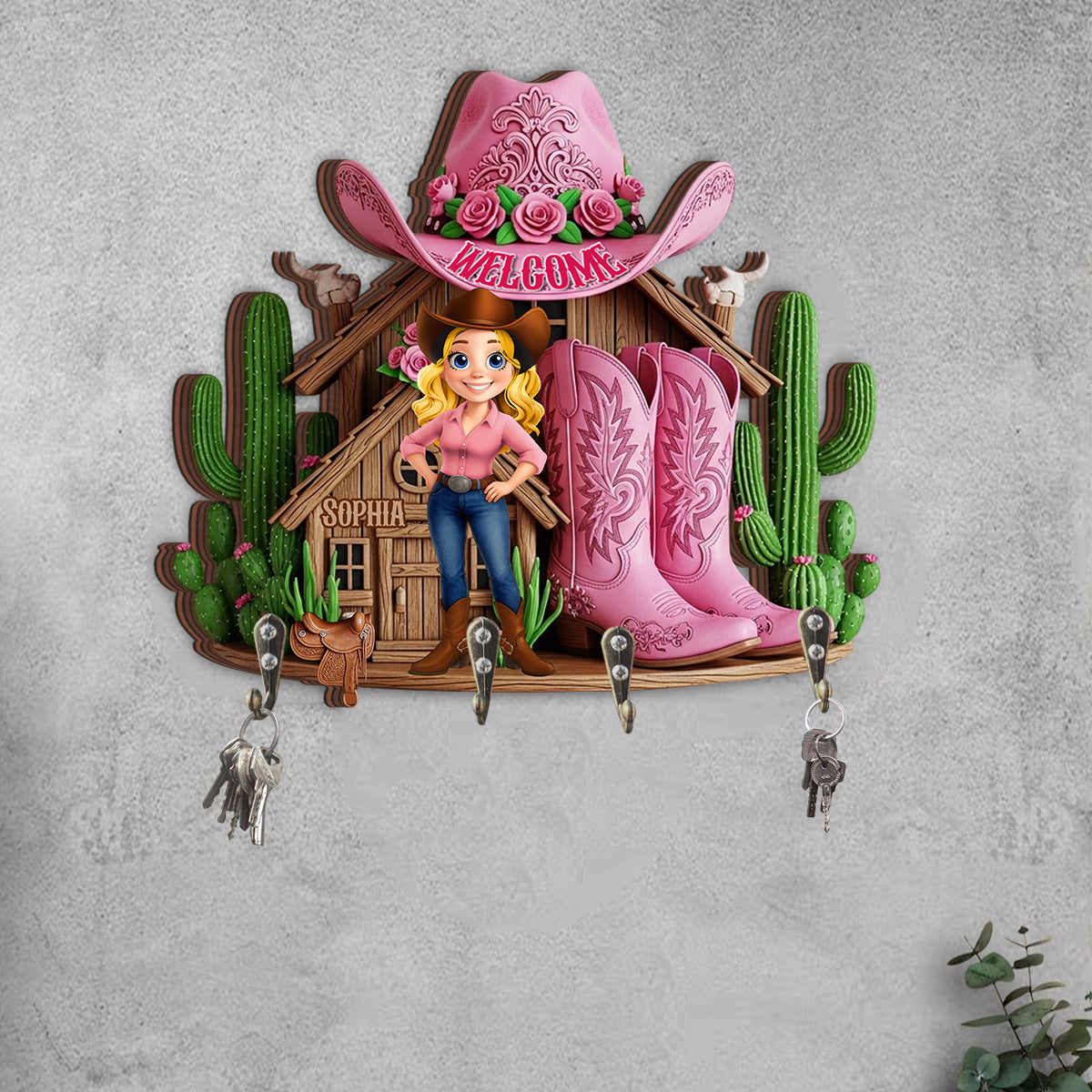 Bienvenue chez Cowgirl House ! Porte-clés personnalisé en forme de cowgirl.