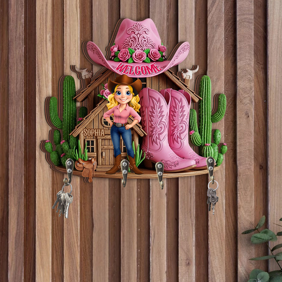 Bienvenue chez Cowgirl House ! Porte-clés personnalisé en forme de cowgirl.
