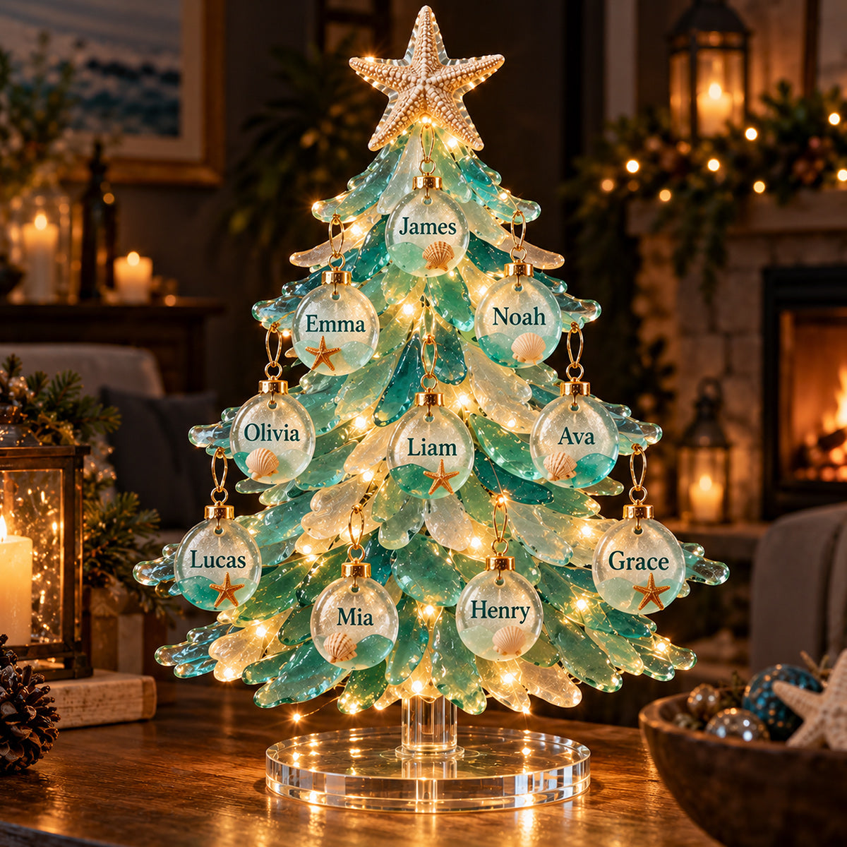 Sea Glass Christmas - Personalized Family Light Up Standee With Charms