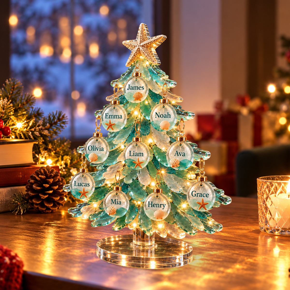 Sea Glass Christmas - Personalized Family Light Up Standee With Charms