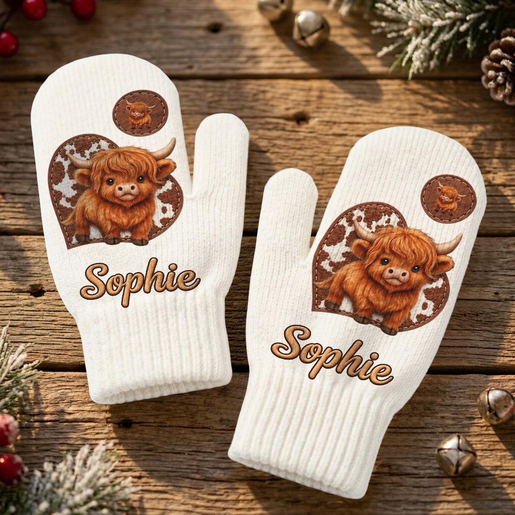 Cute Highland Cow - Personalized Highland Cow Beanie Hat & Knitted Mittens