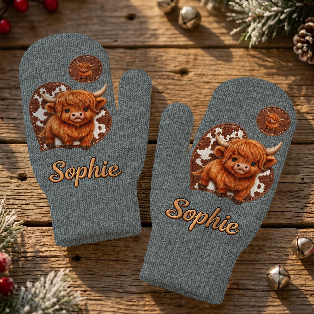 Cute Highland Cow - Personalized Highland Cow Beanie Hat & Knitted Mittens